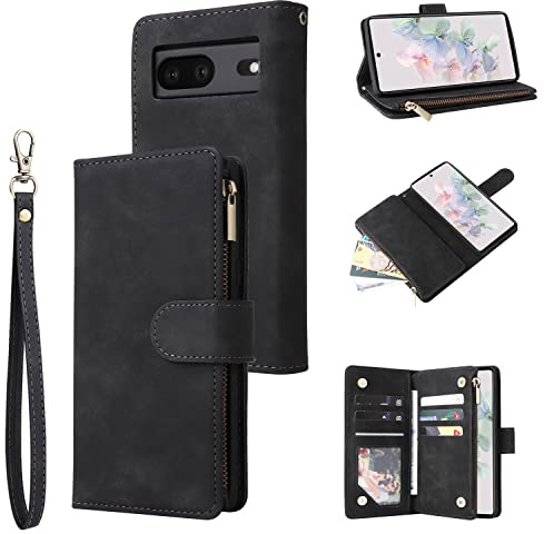 QLTYPRI Hülle für Google Pixel 7 Pro, Premium Leder Handyhülle mit Große Kapazität 6 Kartenfach & 1 Reißverschluss Tasche Ständer Schutzhülle für Google Pixel 7 Pro - Schwarz