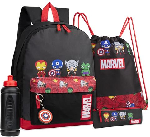 Marvel Schulrucksack Set mit Rucksack Kinder, Turnbeutel, Federmäppchen Jungen, Trinkflasche 470 ml & Keyring - Schul Sachen (Schwarz/Rot Avengers)