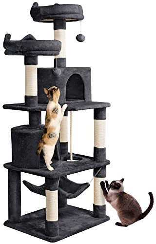Yaheetech Rascador para Gatos de 158 cm Grande Arbol para Gatos Adultos Torre de Gatos Casita Juego para Mascota Negro