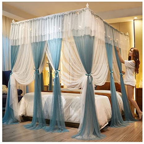 OKUOKA Betthimmel, Betthimmel mit LED-Leuchten, Moskitonetz für 1,5/1,8/2 m Bett, mit Edelstahlhalterung (Größe: 150 x 200 x 200 cm)