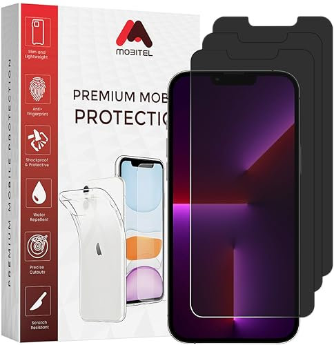 Mobitel 3-Pack Privacy Glass Screen Protector for iPhone 13 Pro Max, iPhone 14 Plus, 6.7-inch 9H Hardness Tempered Glass Screen Protector, Anti-Spy, Anti-Water, Anti-Scratch, Bubble-Free Case Friendly
