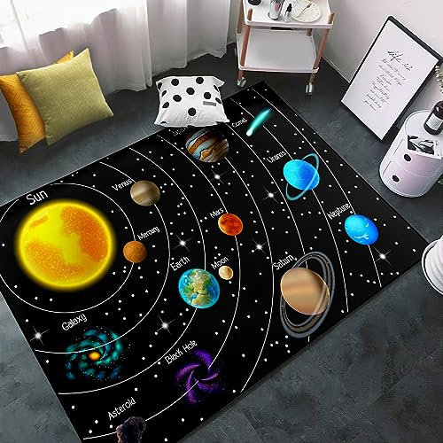 Weltraum-Teppich für Jungenzimmer, 90 x 150 cm, Raumteppich für Kinderzimmer mit Sonnensystem-Thema, pädagogischer Planeten-Teppich für Spielzimmer und Klassenzimmer