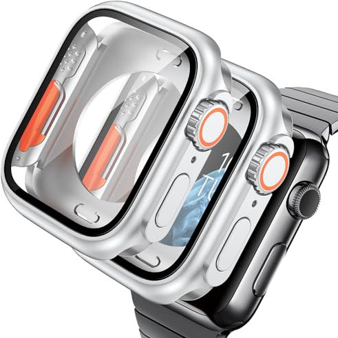 AOKUTDA 2Piezas Diseño Case Dura Compatible con Apple Watch 9/8/7 41mm(Parece Ultra y Ultra 2) 360°Protector Apple Watch 9 41mm Anti Raspado 9H Vidrio de Alta Definición Carcasa+Tapa Trasera,Plateado