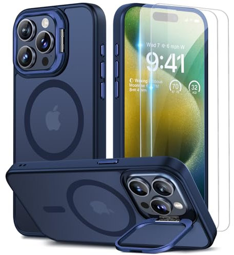 Beeasy für iPhone 15 Pro Max Hülle für MagSafe mit Ständer, Handyhülle mit 2 Stück Schutzfolie für iPhone 15 Pro Max Case Magnetische Stoßfest Schutzhülle Cover, Durchscheinend Matt Blau