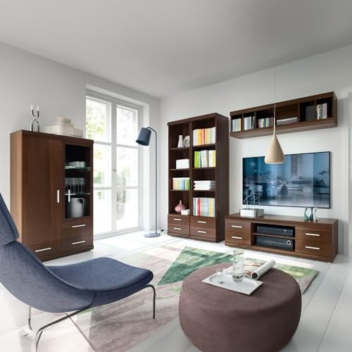 Wohnwand Set mit Vitrinenschrank Nussbaum Fernsehwand Anbauwand Lowboard TV Schrank Vitrine Regal Highboard