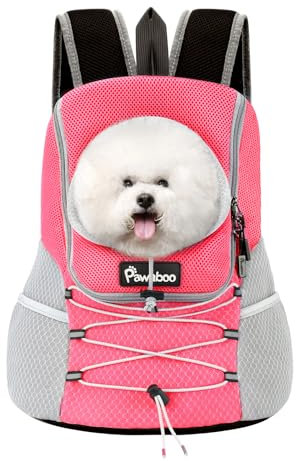 Pawaboo Sac à Dos Réglable pour Chiens, Sac de Transport pour Animal de Compagnie en Polyester Respirant, Sac à Voyage pour Chien Chat avec Ceinture de Sécurité pour Randonnée Extérieur, L/Rose