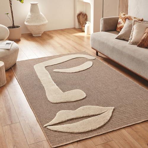 Nazar Palmateppich, Natur, Jute-Look, Naturteppich für Wohnzimmer, Schlafzimmer, Flur, Boho-Teppich, Naturfarbe (9493 Weiss, 80x150 cm)