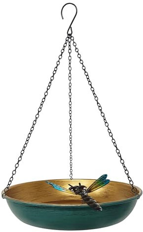 Hanging Birdbath Bird Feeder for Outdoor 11 Inch Green/Bronze Cute Metal Bird Bath Bowl with Detachable Black Chain Metal Dragonfly Backyard Birdbath Garden Decor