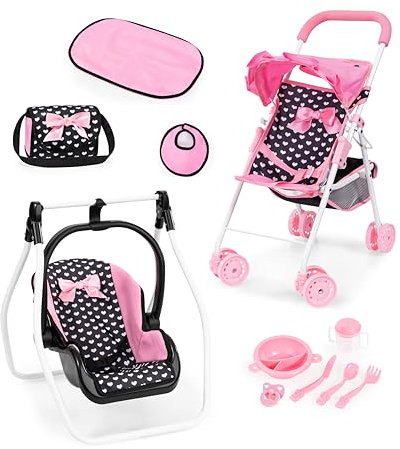 Bayer Design 21560AC Faltbarer Puppenbuggy mit Dach, Doppelräder, Tasche, Wickelunterlage, Wiege, Zubehör