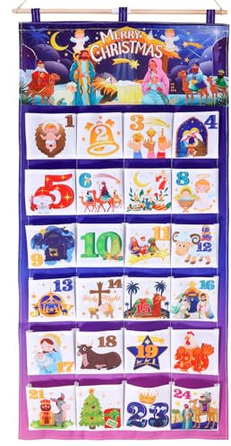 DPKOW Weihnachtskalender 2025, Adventskalender zum Befüllen Stoff Wandkalender Weihnachten mit 24 Stoffbeutel & Stange, Deko Weihnachten Krippen Adventskalender Wiederverwendbar Aufhängen Religiös