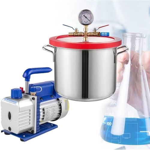 GYQSSD Camera a Vuoto 1.5/2/3/5 Galloni con Pompa Monostadio 5 CFM, Kit Refrigerante per Degasaggio Camera a Vuoto di Grandi Dimensioni per Colata di Resina/Siliconi Fai-da-Te,12L/3Gal