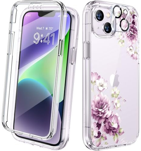 Diaclara Designed for iPhone 14 Plus Case, Full Body Rugged Case with Built-in Touch Sensitive Anti-Scratch Screen Protector, with Camera Lens Protector for iPhone 14 Plus 6.7 (Clear Peony)