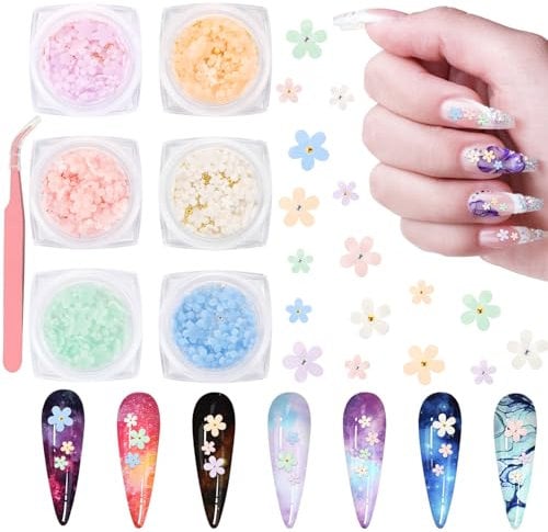 6 Pack 3D Flowers Nail Charms,UHOMENY Colorful Flower Nail Art Charms with Pearl Flower Nail Art Gem Nail Manicure Decoration Flower Nail Accessories with Tweezers for Nail Art Jewelry Crafting