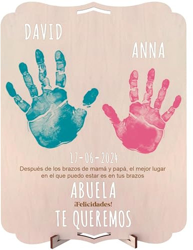 nagu® Abuela. Madre. Marco Huellas Bebé Recién Nacido. Regalo de Madera 30x22cm, Espacio para Huella Bebe Pie y Manos o toda la Familia y Foto. Incluye Soporte y Kit de Letras para Nombres y Fechas