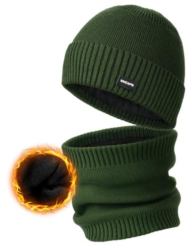Wmcaps Winter Fleece Gefütterte Mütze und Halswärmer Set für Männer Frauen, Dicke Weiche Gemütliche Strickmützen Schal Set, Elastische Cuffed Plain Wintermütze Outdoor Aktivitäten Geschenk, Armeegrün