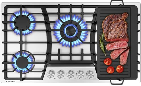 Cocina de gas de 36 pulgadas con plancha reversible, 5 quemadores, gas | Acero inoxidable 304, diseño integrado, plancha de hierro fundido, protección termopar, 83 x 48 cm, corte NG/LPG Convertible