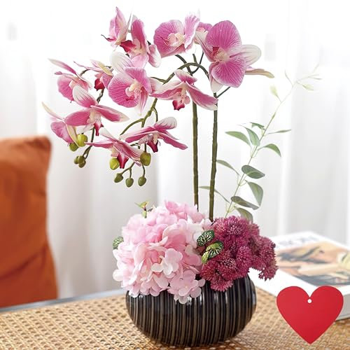 SYDDOL Artificial Orchid Flowers with Vase Decorative Bonsai that Look Real Artificial/Faux Orchid Hydrangea Flowers with Ceramic Pot for Table Centerpieces Home Decoration (Blush Pink)