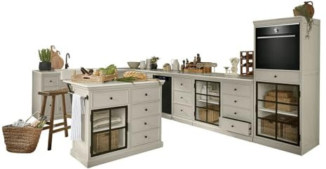 LOBERON Küchenzeile 5er Set Orlévine, Individuell Platzierbare Module, Symbiose aus Industrial Style & Landhausdesign, Küchenmöbel, Mangoholz, Eisen, Glas, Keramik, grau
