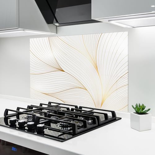 ARTHUB® Küchenrückwand aus Glas 60x80 cm, 4mm ESG | Spritzschutz, Glasplatte, Herdspritzschutz, Wandschutz für Herd, Hartglas, Abstrakte, Minimalistisch, Gold Wave