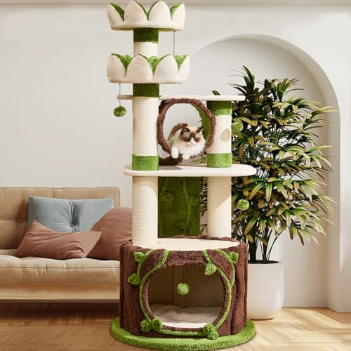 185cm hoher Blumenkratzbaum für Zimmerkatzen Großer Erwachsener, Luxus-Katzenturm mit Kratzbaum, robuste Moderne Katzenmöbel für große Katzen, abnehmbare Matten mehrstöckiges Katzenhaus