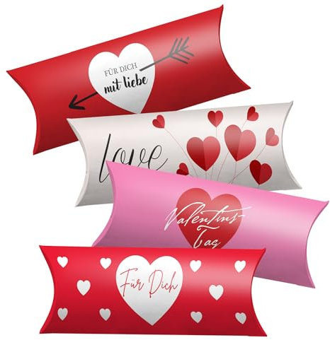 Geschenkschachteln für Valentinstag, Muttertag, Geburtstag – als Gutschein Verpackung, Geldverpackung – 4 Geschenkboxen im Set – 20 x 7 x 2,2 cm – Geschenkverpackungen mit Herzen rot, rosa – HERZEN