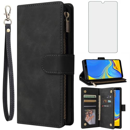 Asuwish Handyhülle für Samsung Galaxy A7 2018 Hülle mit Folie Schutzfolie und Kartenfach Klappbar Leder Geldbörse Ständer SM-A750FN/DS A750FN Reißverschluss Handy Hüllen Schutzhülle Phone Case Schwarz