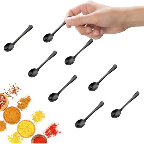 GlamRays 8 Piece Tiny Stainless Steel Spoons for Spice Jars, Mini Size 7.5CM, Cute Small Stainless Steel Spice Spoons for Spices, Salt, Fun Little Scoops (Black)