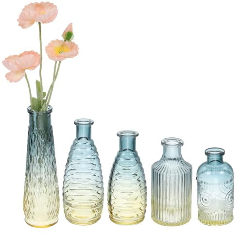 sourcing map Lot de 5 petits vases à fleurs en verre bleu/ambre pour centre de table, 5 styles vintage transparents assortis pour mariage, fête florale, décoration de table d'intérieur