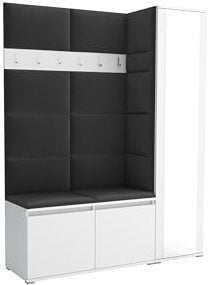 Brent - Garderobenschrank Flur Weiß mit sitzbank 145 cm Breit Luton 7 - Multifunktionale Flurgarderobe Set mit Stauraum und Wandpaneel, Garderobe mit Sitzfläche und Kleiderhaken