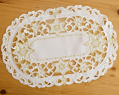 matches21 HOME & HOBBY Tischdeckchen Selina 30 x 45 cm Ecru Lochstickerei Silber Sterne Deckchen Weihnachten Polyester