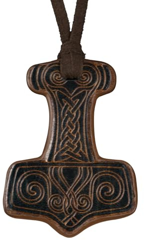 HiiFeuer Thorshammer Amulett Halskette - Wikinger Schmuck mit Prägung aus Kunstleder - Nordischer Mythologie Anhänger für LARP & Cosplay