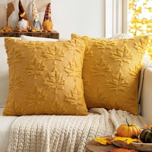 MIULEE 2er Set Kissenbezug Herbst Dekokissen Kissenhülle Sofakissen Wolle Hohles Ahornblatt Couchkissen Kuschelkissen für Halloween Thanksgiving Kurkuma 45x45CM