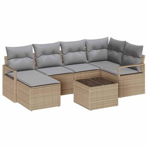 vidaXL 7-teiliges modulares Garten-Sofa-Set mit Kissen in Beige und Grau aus Rattan, Outdoor-Sitzplätze für 6 Personen, wetterfest, Moderne Gartenmöbel für die Terrasse und den Sommer.