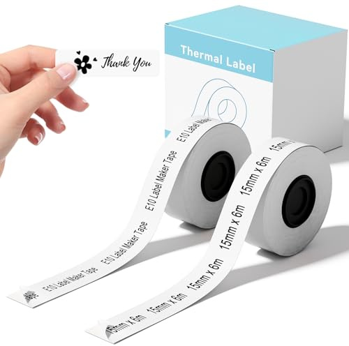 2 Rollen kompatibel mit SUPVAN E10 & E11 Label Maker Tape, weiß | 15mmx6m, kontinuierlich laminiertes Thermal Label Tape Refill,Nicht in der Katasymbol App, bitte SUPRINT App verwenden