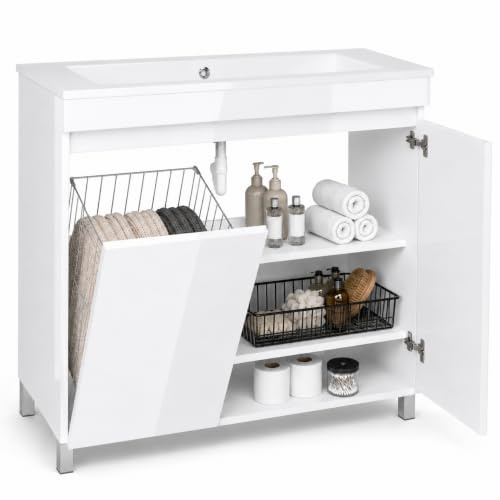 paplinskimoebel Waschbecken mit Unterschrank Ribera 80 cm, Hängend oder Stehend, Waschtisch mit Unterschrank für Badezimmer, Wäschekorb, Wäscheschrank, Hochglanz, 2 Soft-Close-Türen. (Weiß, 80)