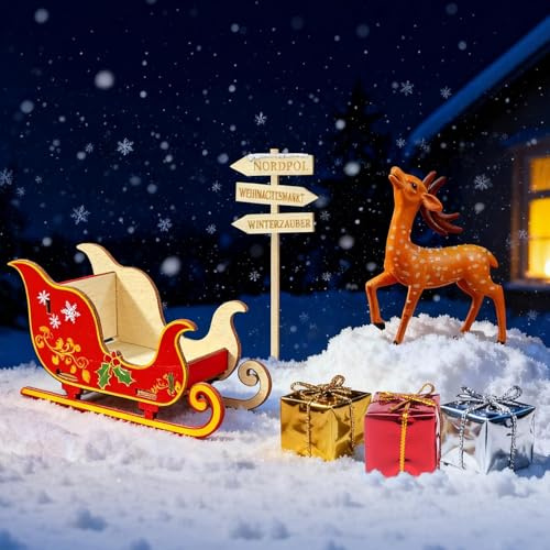 Wichtel Zubehör Weihnachten Set 8 Stück - Rentier, Schlitten, Geschenkbox & Straßenschild - Wichtel Set Weihnachten Komplett, Wichtelset, Wichtelzubehör Weihnachtswichtel Zubehör Für Wichteltür