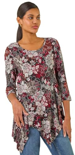 Roman Originals Women Asymmetric Top Ladies Hanky Hem Blouse Stretchy Tunic Occasion Smart Casual Summer Sprint Winter Autumn Cocktail Party Evening 3/4 Short Sleeve - Red Noir Grey - Size 14