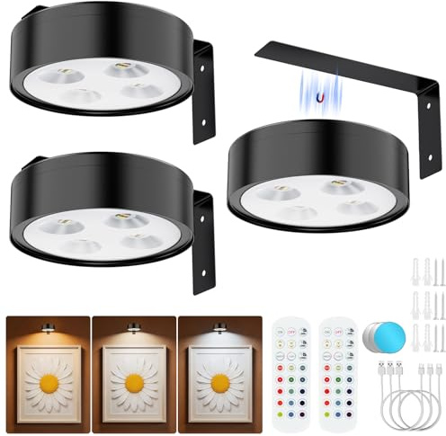 Bawoo Schrankleuchten RGBW Kabellose Schrankbeleuchtung 3er LED Nachtlicht 451 lm mit Fernbedienung/Druckknopfmodu, Abnehmbares Batteriebetrieben，Wandlampen für Fotos und Gemälde (Schwarz)
