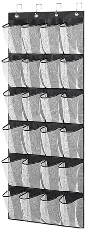 Ulmervion Hanging Shoe Storage, 24 Pocket Over the Door Shoe Organizer for Wardrobe Door Tidy with Hange (Black)