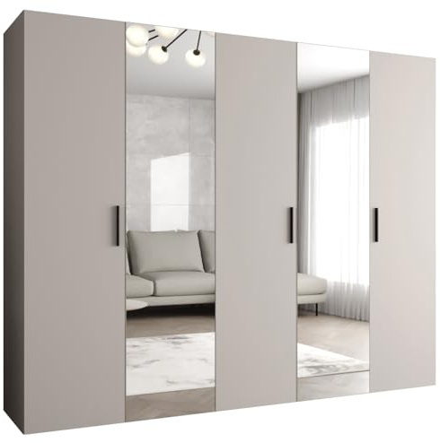 MEBLE KRYSPOL - Kleiderschrank - Garderobenschrank - 250 cm x 202 x 52 cm - Schrank mit Kleiderstange und Spiegel, 5 Türen - für Schlafzimmer, Flur - BARI, Kaschmir, Griff Schwarz