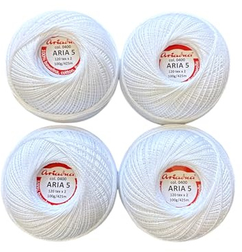 Häkelgarn Filethäkelgarn ARIA 5 / 100g / 100% Baumwolle/mercerisiert (Weiß, 4 Rollen - je 100g / 425m)
