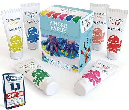 CreaTek Fingerfarben Kinder ungiftig ab 2 Jahre, 6 Tuben 60 ml, vegan | Fingermalfarbe Set, 6 Grundfarben, saubere Dosierung ohne Eintrocknen, EN71 mit Bitterstoff, Malvorlagen für Handabdrücke