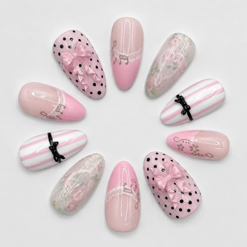 Tastetreasure 30Pcs Almond Press on Nails, Pink French Cat Eye Fake Nails with Bows Polka Dots Music Notes, Cute Lace Vine Stick on Nails for Women, Gel Acrylic False Nails with Jelly Glue Kit