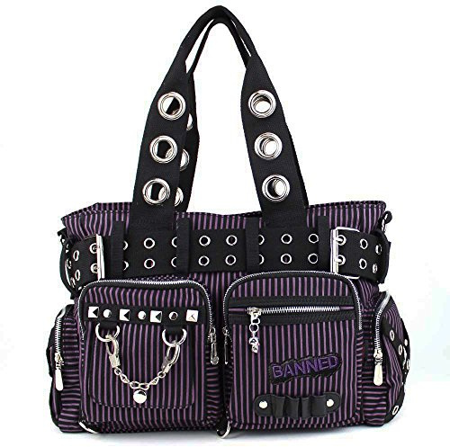 Banned Damen Umhängetasche - Schultertasche Handschellen und Nieten Schwarz Lila