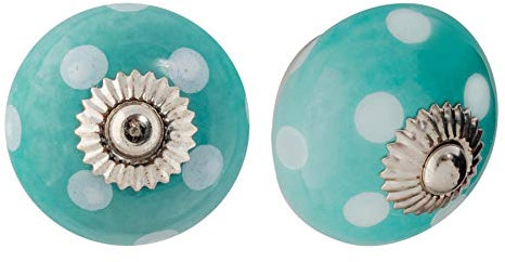 Nicola Spring Ceramic Cupboard Drawer Handle Knobs - Polka Dot Design - Turquoise/White - Pack of 12