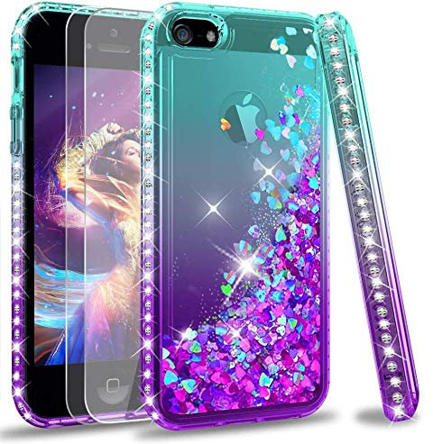 LeYi iPhone SE (2016 Edition) Case, iPhone 5S/5 Case and 2 Tempered Glass Screen Protector, Girl Glitter Liquid Cute Clear Silicone Shockproof Phone Cover for Apple iPhone SE 2016/5/5S Green Purple
