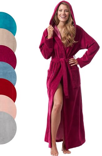 Morgenstern Bademantel Damen mit Kapuze in fuchsia lang leicht Frauen Duschmantel Saunamantel Hausmantel Baumwolle Microfaser Viskose Größe XL