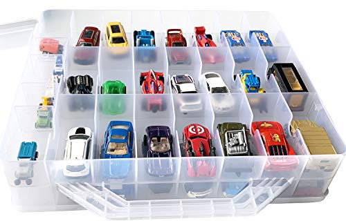 HOME4 Double Sided BPA Free Toy Storage Container - Compatible with Mini Toys Brands, Small Dolls Hot Wheels Tools Crafts - Toy Organizer Carrying Case - 48 Compartments - Cars Not Included (Clear)