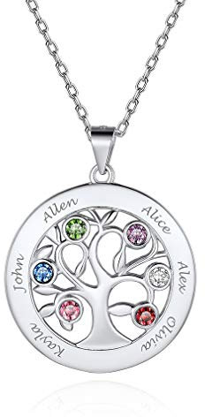 Custom4U 6 Nomi DIY S925 Collana con Nome Personalizzato Collana Donna Argento con Pietra Portafortuna Nomi Incisi Argento Sterling Albero della Vita Collana Amicizia