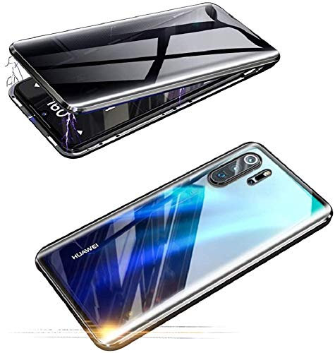 Anti-Peep Coque pour Huawei P30 Pro Case Anti-Espion Cover 360 Degrés Protection Adsorption Magnétique Étui Métal Cadre Intimité Protection Verre Trempé Couverture de protection anti-regards,Noir